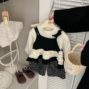 Korean-style girls' spring/autumn set, 2025 new stylish baby faux two-piece T-shirt and polka dot straight-leg pants two-piece set
