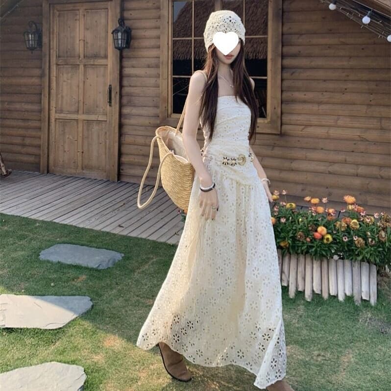 Hollow-out Embroidered Corset Dress for Women Summer French Vacation Style Dress Pure Desire Vintage A-line Long Dress
