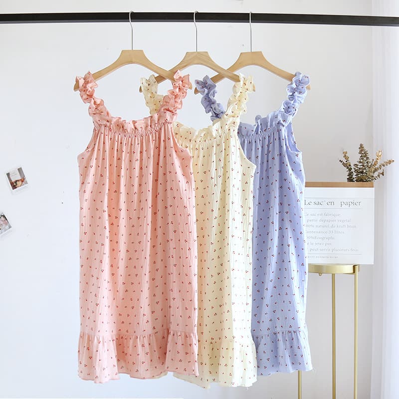 Summer Unlined Sleep Dress, Fresh Cherry Crepe Camisole Dress, Women's Loose Plus Size Nightgown, Off-Shoulder