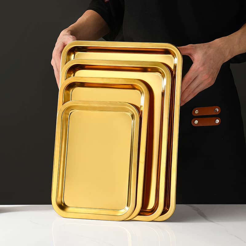 304 Extra Thick Stainless Steel Gold Tray Square Baking Tray Snack Plate Hot Pot Dish Dumpling Plate Fast Food Basin