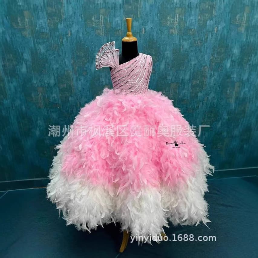 Children's High-End Princess Dress Feather One-Shoulder Dress Kids Birthday Party Gown Cake Skirt Performance