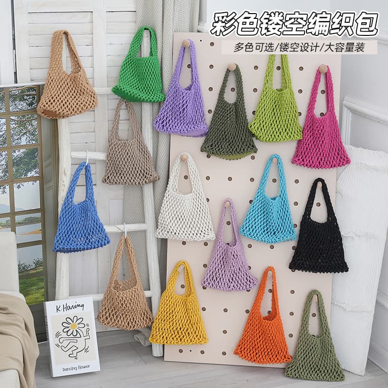 Candy Color Cotton Rope Handwoven Bag Women Hollow Mesh Bag Beach Vacation Bucket Bag Wristlet