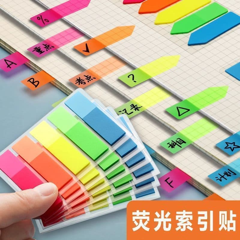 Fluorescent sticky notes, index labels, writeable markers, small plastic bookmarks, transparent instructions for students