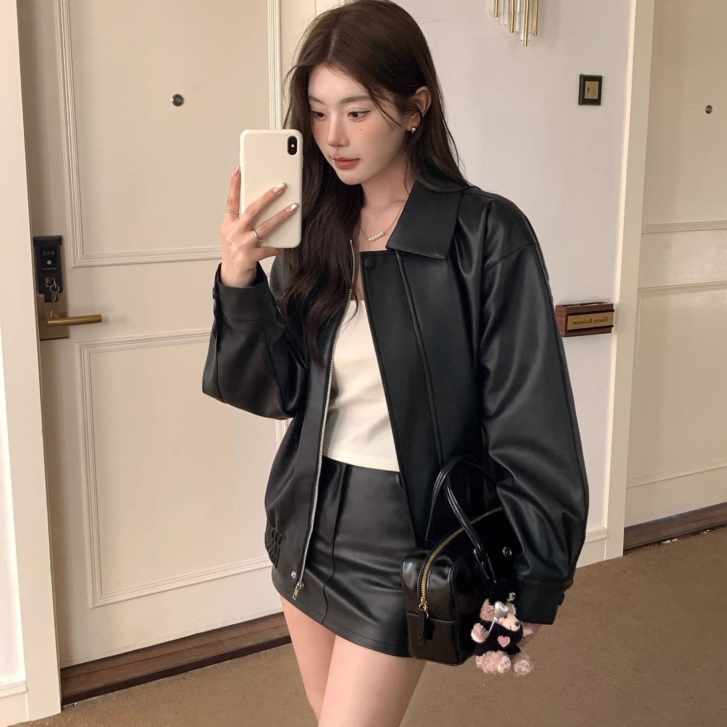 Black PU Leather Jacket Moto Biker Coat Korean Style Loose Fashion Premium Soft Leather Vintage Jacket Top