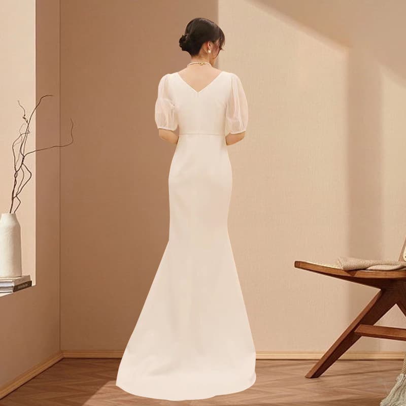 Cross-Border Light Wedding Dress 2026 New Style Bride Elegant Small Train Wedding Dress Simple Tulle Puff Sleeve Dress