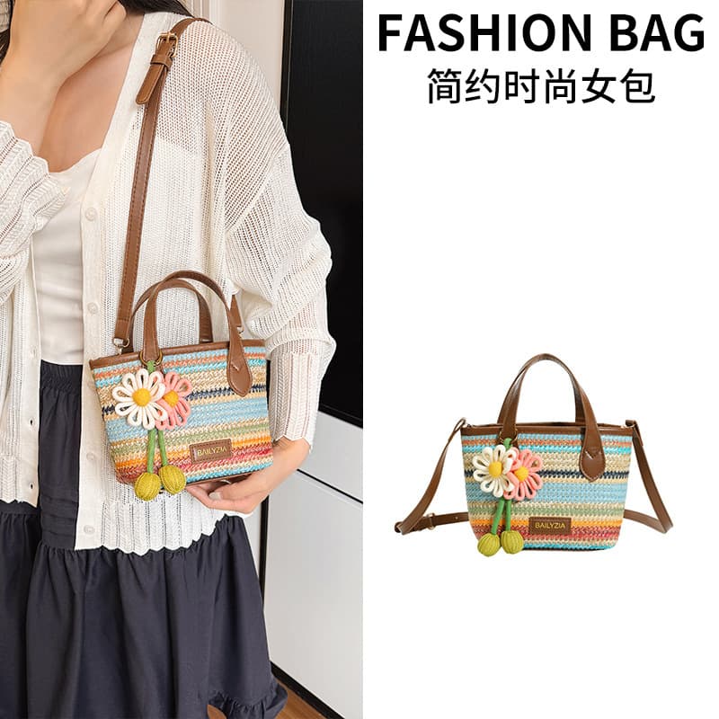 Rainbow Woven Handbag for Women 2026 New Style Flower-Decorated Crossbody Bag Summer Seaside Resort Style Small Tote Bag