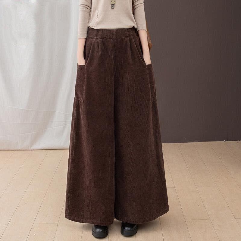 Women's Fleece-Lined Wide-Leg Corduroy Pants, Autumn Thickened High-Waist Loose Fit, Coffee Color, Pairs with Martin Boots
