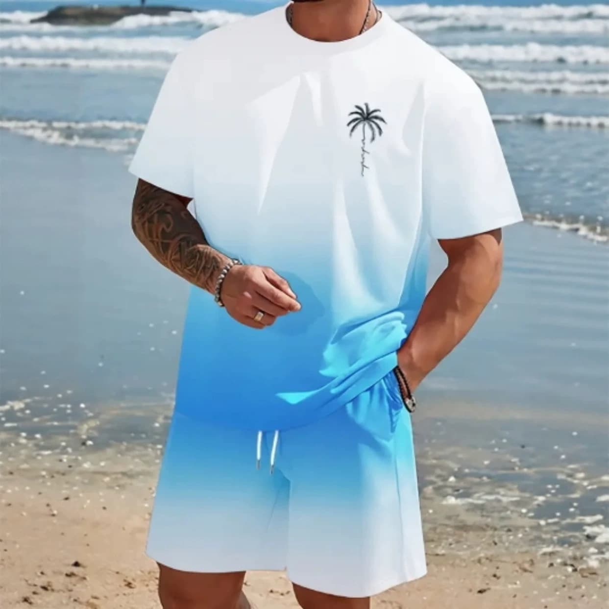 2025 New Casual Sports Short-Sleeve T-Shirt for Men Summer New Arrival Gradient Letter Crew Neck T-Shirt and Shorts Set