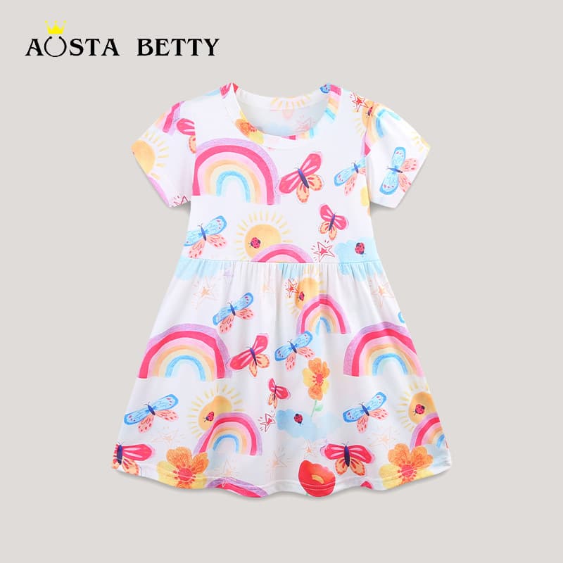 26 New Summer Princess Dresses, European and American Style Girls' Dresses, Cartoon Print Round Neck Short-Sleeved Children's Dresses, One-Piece Drop Shipping