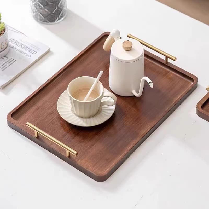Bamboo Sandalwood Style Pastry Tray with Metal Handle for Teacups, Kettles, Tea Tray, Restaurant Serving Plate 2025 New Arrival