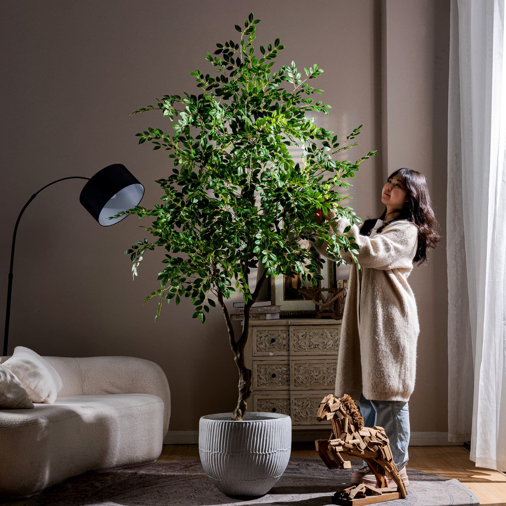 Large simulated green plant elm money tree banyan tree indoor living room high-end floor-standing potted fake tree decorations atmosphere ornaments