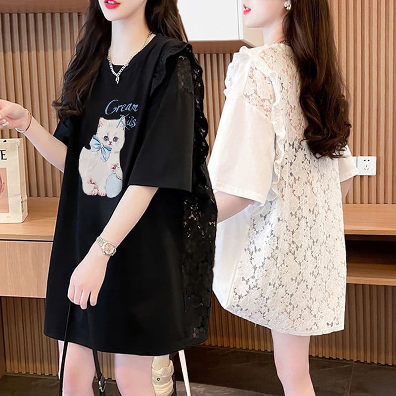 Summer Korean Style Mid-Length Short-Sleeved T-Shirt for Women, Plus Size, Hollow Design, Niche, Beautiful and Fashionable Lace Top