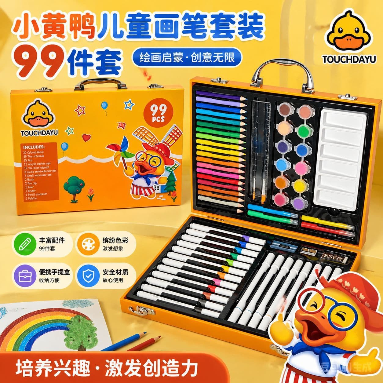 Children's Day Painting Set 99-Piece Acrylic Markers DIY Painting Kit Student Gift Little Yellow Duck Paintbrush