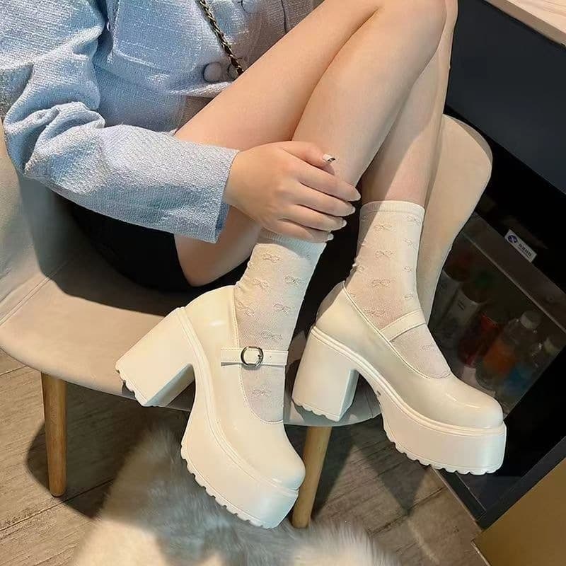 Chunky Heel Trendy New 2026 42 Small Fragrance Style French Women's White High Heel 43 Extra Large 44 Elegant Mary Jane