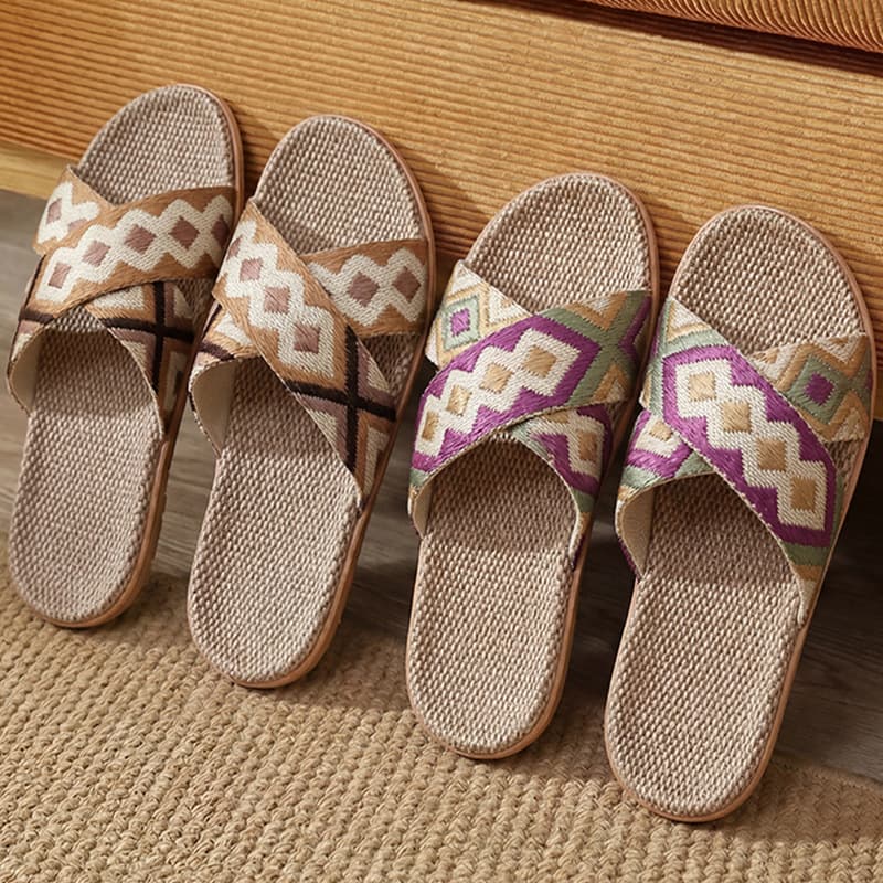 Linen Slippers for Women, Four-Season Indoor Home Anti-Slip Soft Sole Quiet Sweat-Absorbing Couple Wear-Out Cotton Linen Slippers for Men