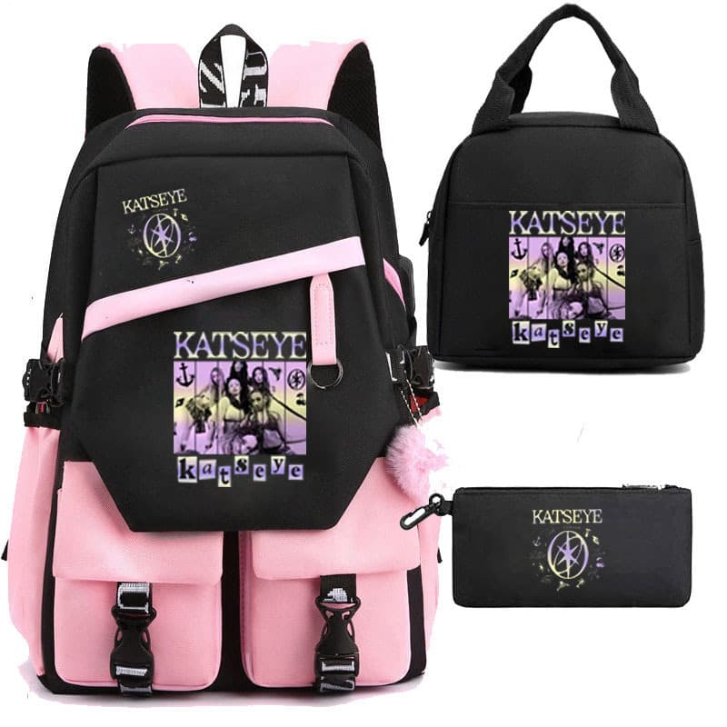 Katseye USB Charging Backpack Lunch Bag Pencil Case 3-Piece Set for Students