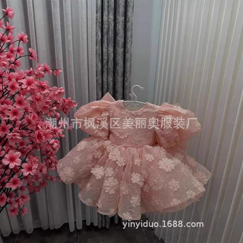 Amazon girls dress pink flower princess dress model catwalk host piano performance dress
