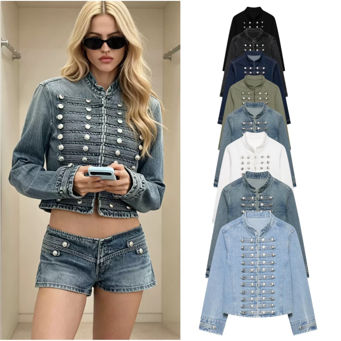PB&ZA Women's European & American Style Napoleon Button Embroidered Patch Slim Fit Denim Jacket Top 0695074