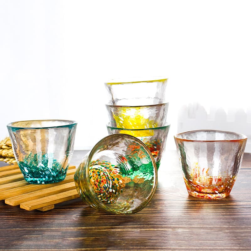 Colored Glass Tea Cup, Creative Iridescent Tea Tasting Cup, Hammered Pattern Crystal Japanese Tea Set, High-Temperature Resistant Handmade Glass