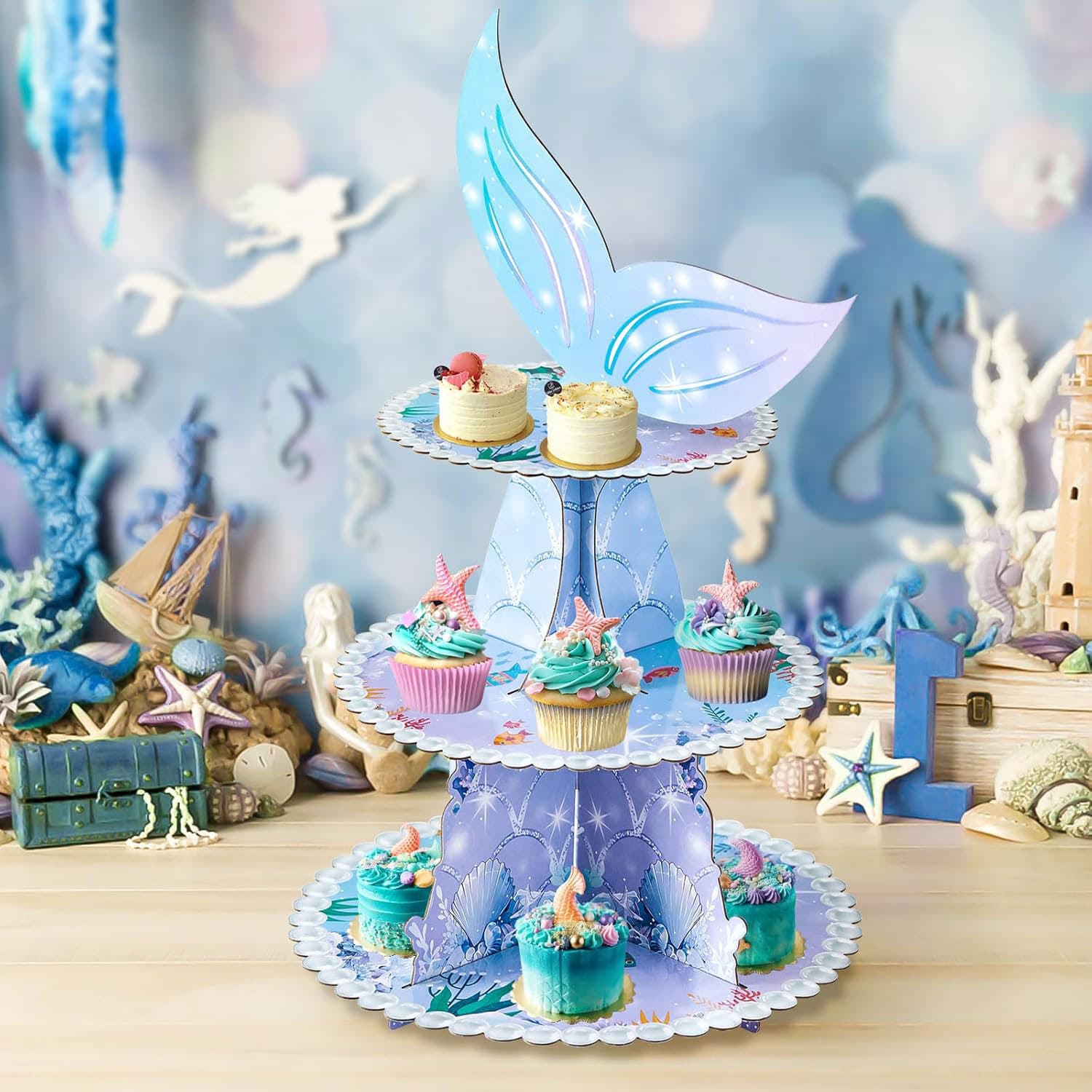 Cross-border new purple fishtail theme party cake stand mermaid children's birthday party supplies desktop decoration stand