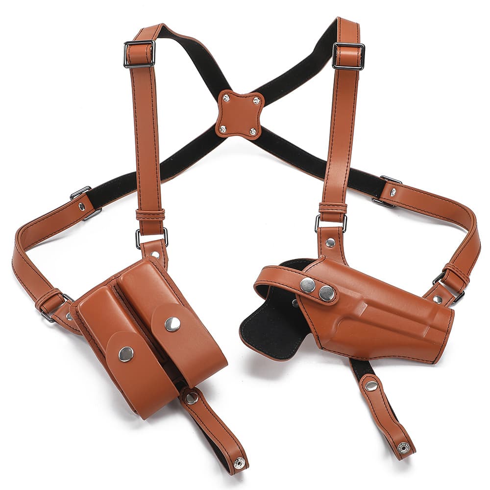 Leather double ammunition pouch, concealed pistol holster with side strap, adjustable outdoor shoulder strap, cross-border underarm gun.