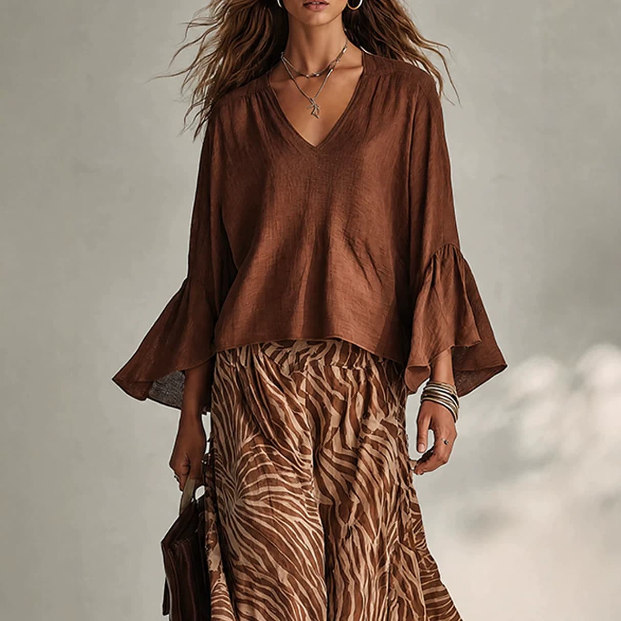 European and American retro solid color V-neck large trumpet sleeve cotton and linen shirt loose and flesh-covering texture holiday casual shirt for women