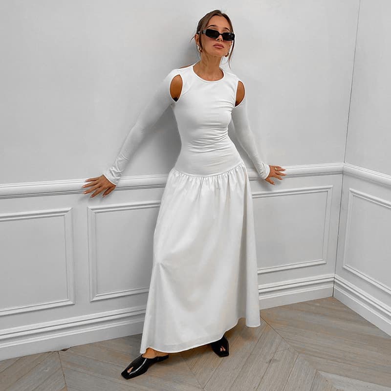 European and American Cross-Border 2024 Fall Women's Dress with Shoulder Cutout Design, Elegant Backless Style, and Patchwork Long Dress Wholesale