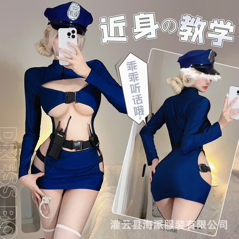 Interesting European and American sexy cos policewoman instructor hollow uniform super spicy pure desire ol secretary hip tight dress
