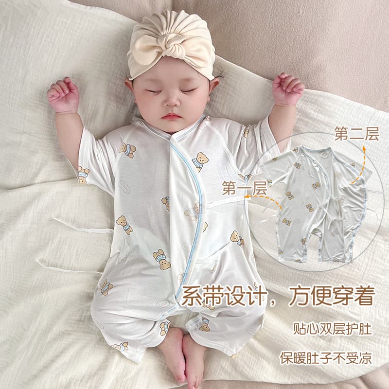 Baby clothes summer thin modal pajamas short-sleeved long pants jumpsuit monk suit lace-up baby air-conditioned suit