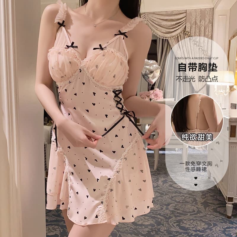 Gorgeous Fiery Deep V with Padded Sleepwear Sweet See-Through Lace Sexy Plus Size Nightgown Loungewear Set 4902