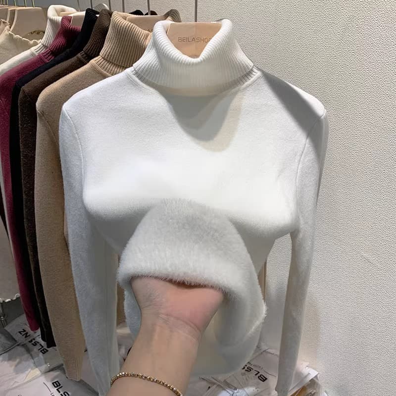 Thick velvet knitted sweater for women, warm all-in-one velvet top, autumn and winter threaded high collar, long sleeves, knitted bottoming inner layer