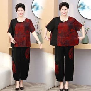Summer Plus Size Set for Middle-Aged and Elderly Women, Trendy Plump Mom Women's Short Sleeve Fashion Loose Grandma Two-Piece Set