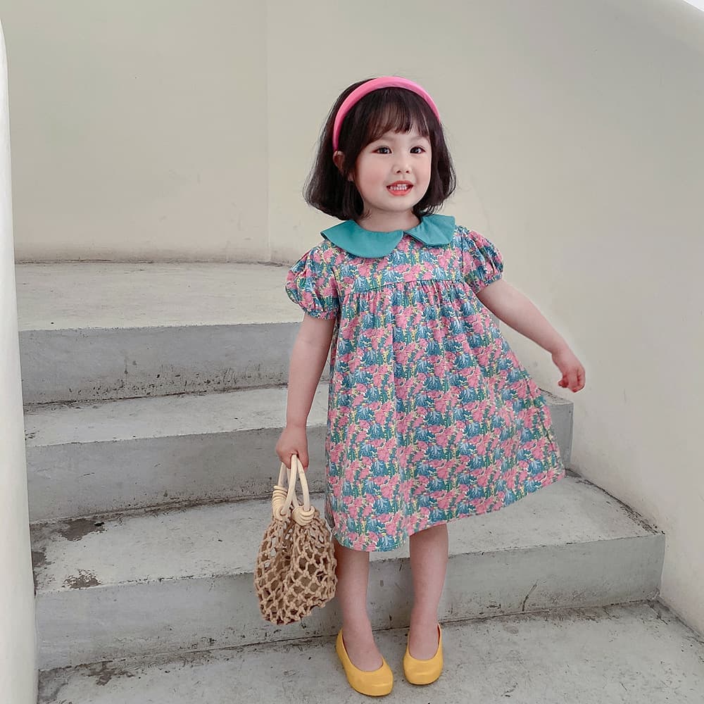 Summer New Girls Doll Collar Dress Baby Printed Puff Sleeve Princess Dress Children's Skirt