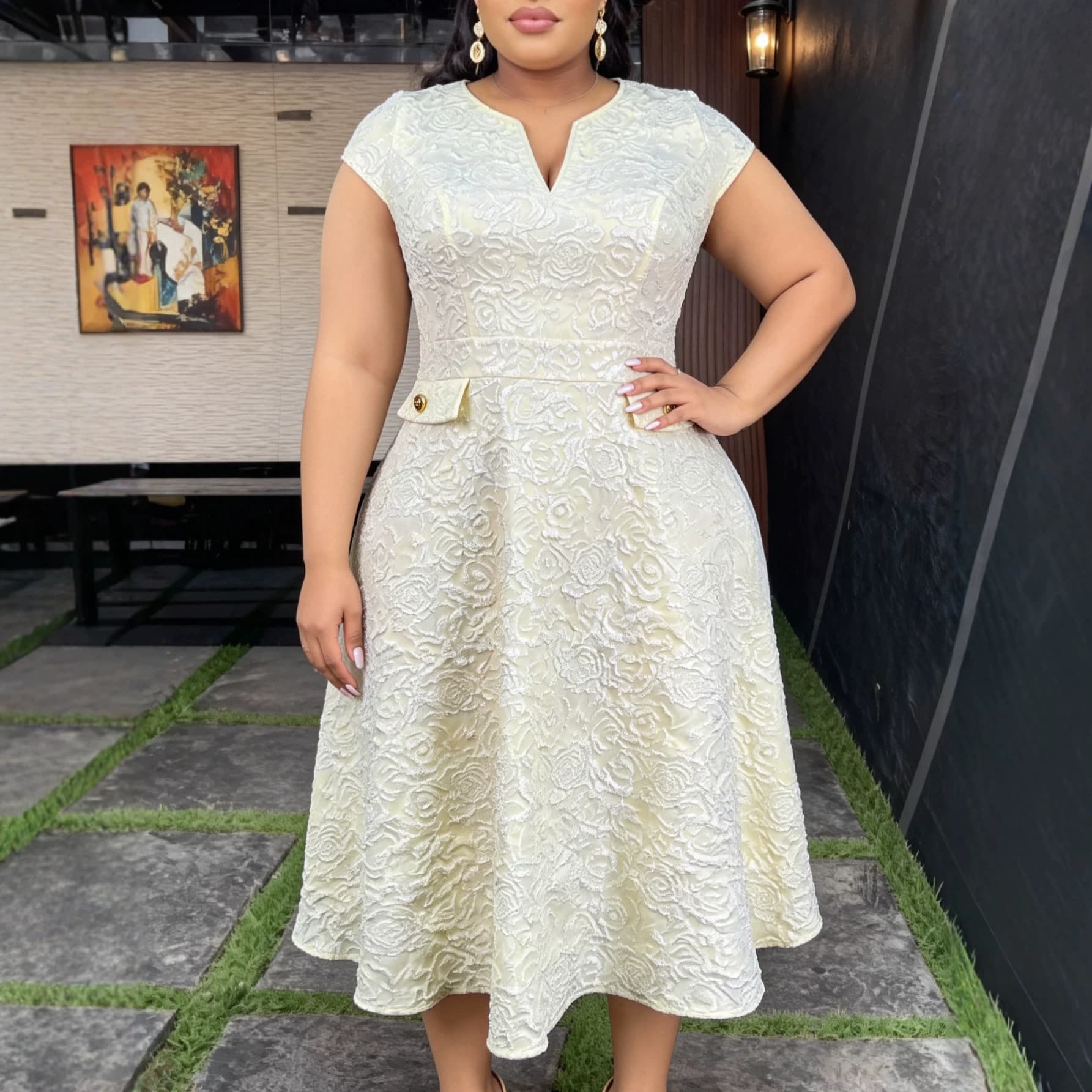 Cross-border Plus Size Women's Jacquard Short Sleeve Midi Dress, Small V-neck Cap Sleeve, Waist-slimming A-line Long Dress