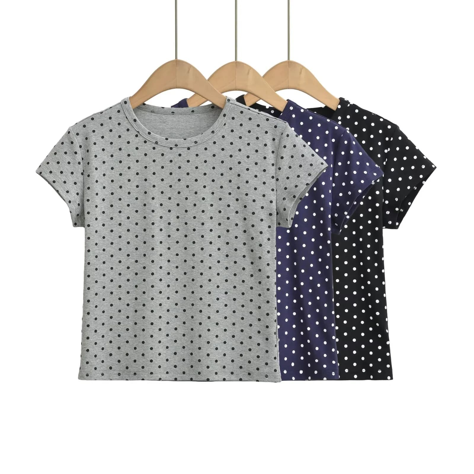 American hot girl round neck polka dot printed short-sleeved T-shirt women's summer basic style versatile slimming short top