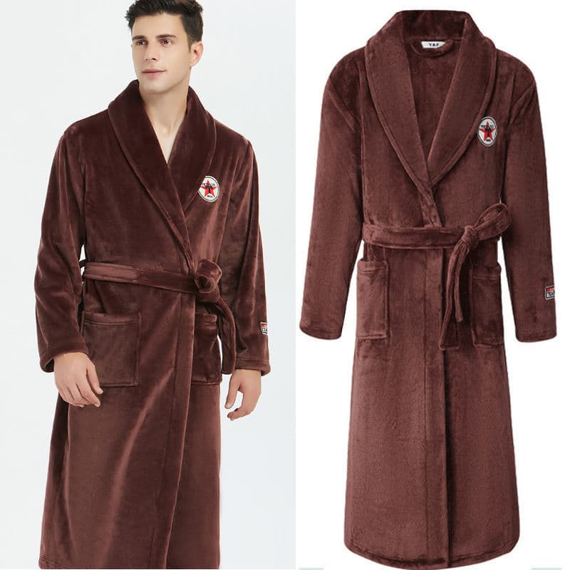 Flannel Autumn/Winter Bathrobe for Men, Extra Long Thick Coral Fleece Pajamas, Large Size Homewear Fine Fleece Bathing Robe