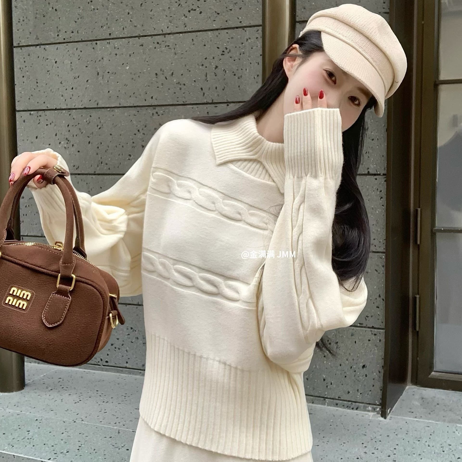 Arctic Velvet Washed Korean-style High-end Casual Cable Knit High-neck Sweater with Fold-down Collar, Pullover Knit Top
