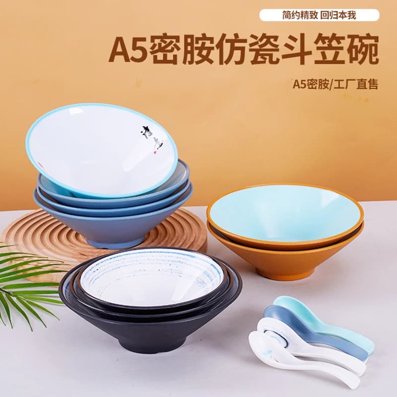 Melamine Conical Bowl Wholesale Thickened Durable Chinese-Style Plastic Noodle Bowl Imitation Porcelain Tableware Instant Noodle Bowl Ramen Bowl Stew Noodle Bowl