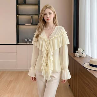 White V-Neck Flared Sleeve Wrinkle-Resistant Chiffon Blouse for Women, 2025 Summer Loose Fit Ruffled Hem Top