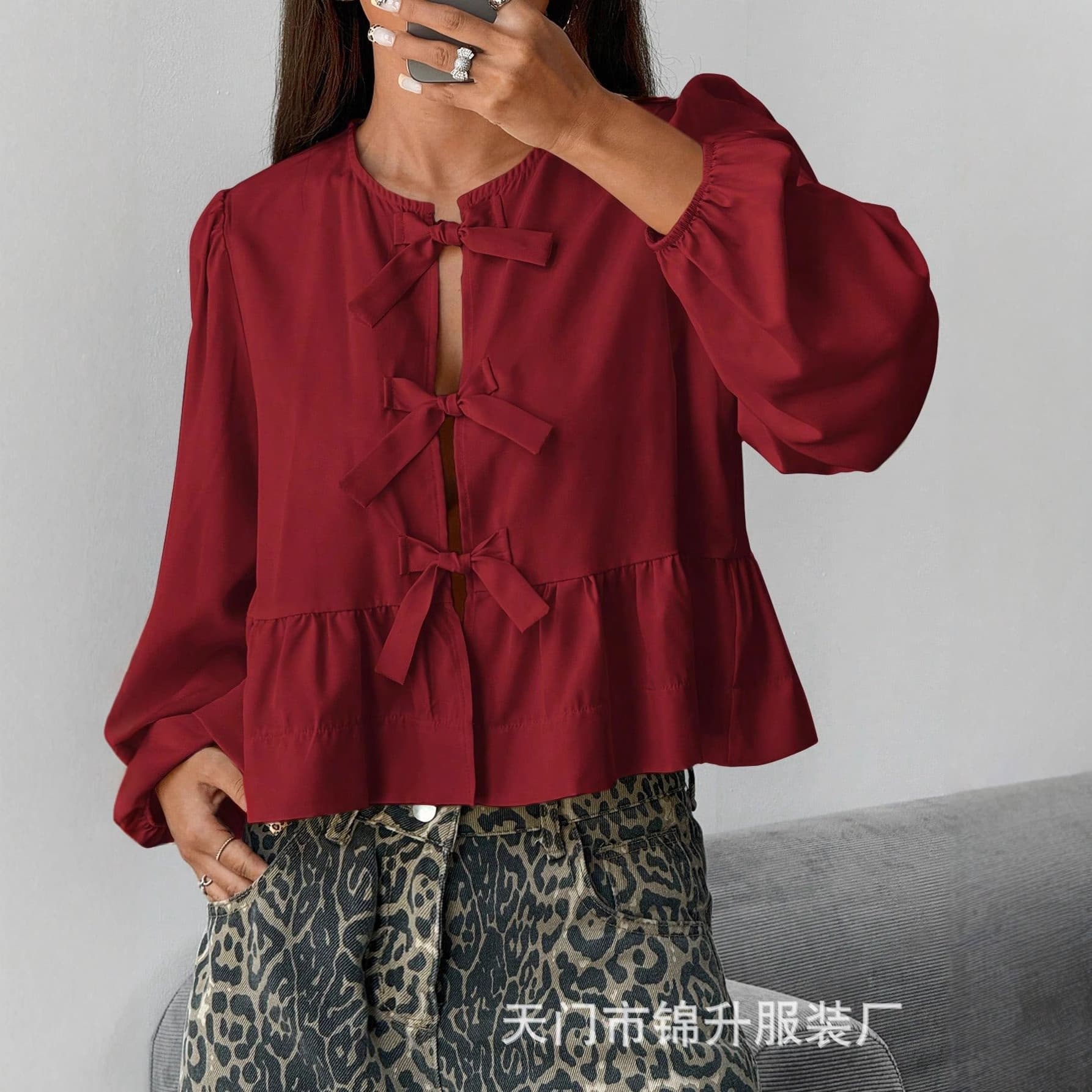 Cross-border foreign trade ladies bow tie shirt puff sleeve top