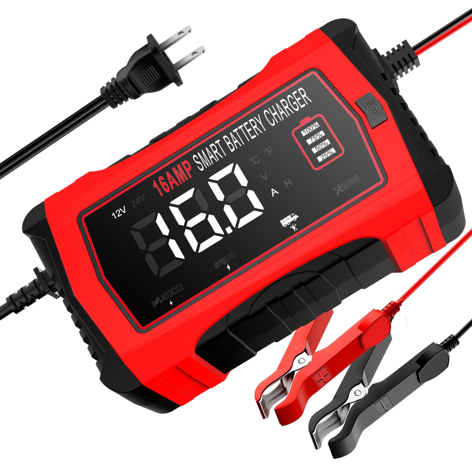 Car Motorcycle Battery Charger 6V 12V 16A 24V 10A Lead Acid Battery AGM Smart Repair Charger