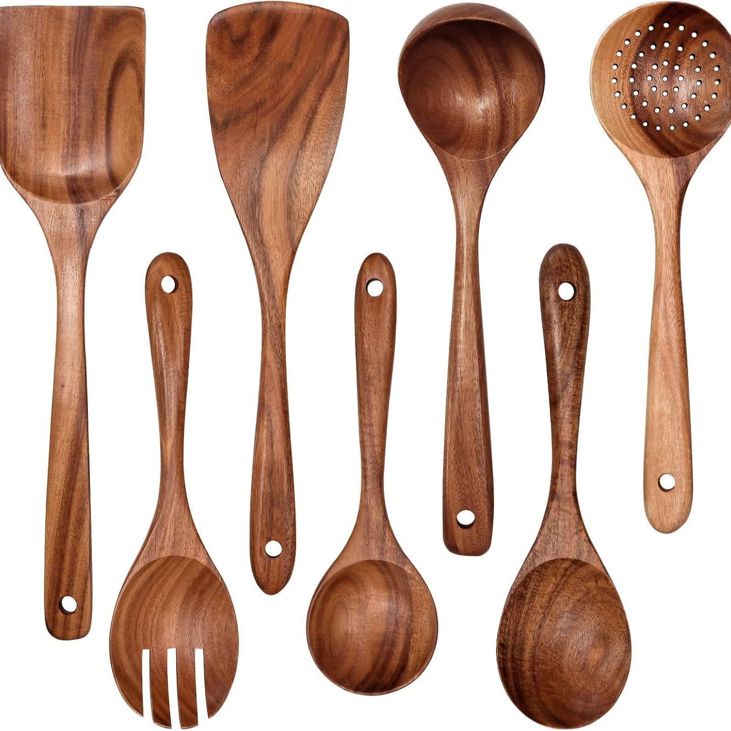 Cross-border Amazon Teak Wood Spatula Spoon Set with Slotted Spoon, Storage Bucket, Wooden Spatula, Wooden Spoon, Non-stick Cookware for Home Use