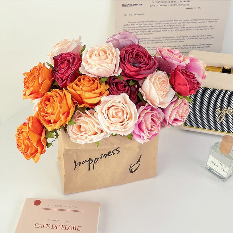 Ins-style Burnt-edge Simulated Rose Silk Bridal Bouquet French Floral Arrangement Living Room Decorative Flower Art Ornament