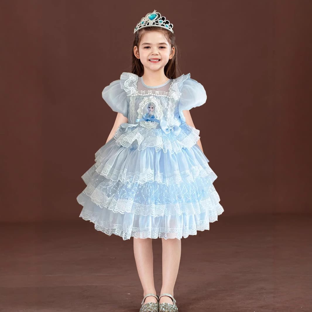 Elsa Princess Dress for Girls with Veil Summer Lolita Puffy Tulle Dress Children's Day Birthday Party Gown Lolita