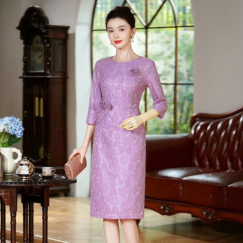 2025 Autumn New Arrival Dress, Thickened Lace Purple Pink Wedding Mother/Mother-in-Law Dress, One-Piece Drop Shipping