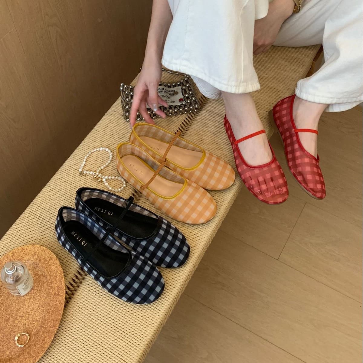 French gentle style gauze plaid breathable Mary Jane shoes 2026 spring and summer versatile daily commuting women's shoes