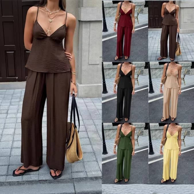 2026 Spring/Summer Amazon Independent Site Cross-Border European and American Vacation Style Spicy Girl Camisole T-Shirt and Long Pants Set Women's Clothing