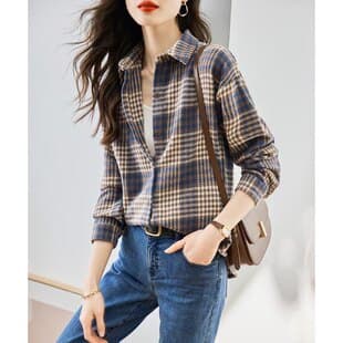 2025 Autumn New Loose Contrast Plaid Long Sleeve Turn-Down Collar Shirt Women Vintage Brushed Jacket