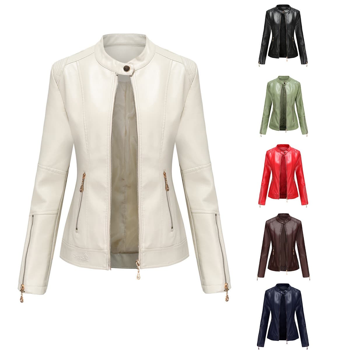 New Fashionable Women's PU Leather Jacket Stand Collar Thin Spring Autumn Dark Blue Leather Coat Full Sleeve Genuine Leather