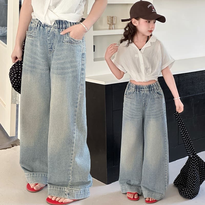 Girls' jeans 2025 new spring denim trousers for older girls Korean style loose floor-length trousers straight-leg trousers